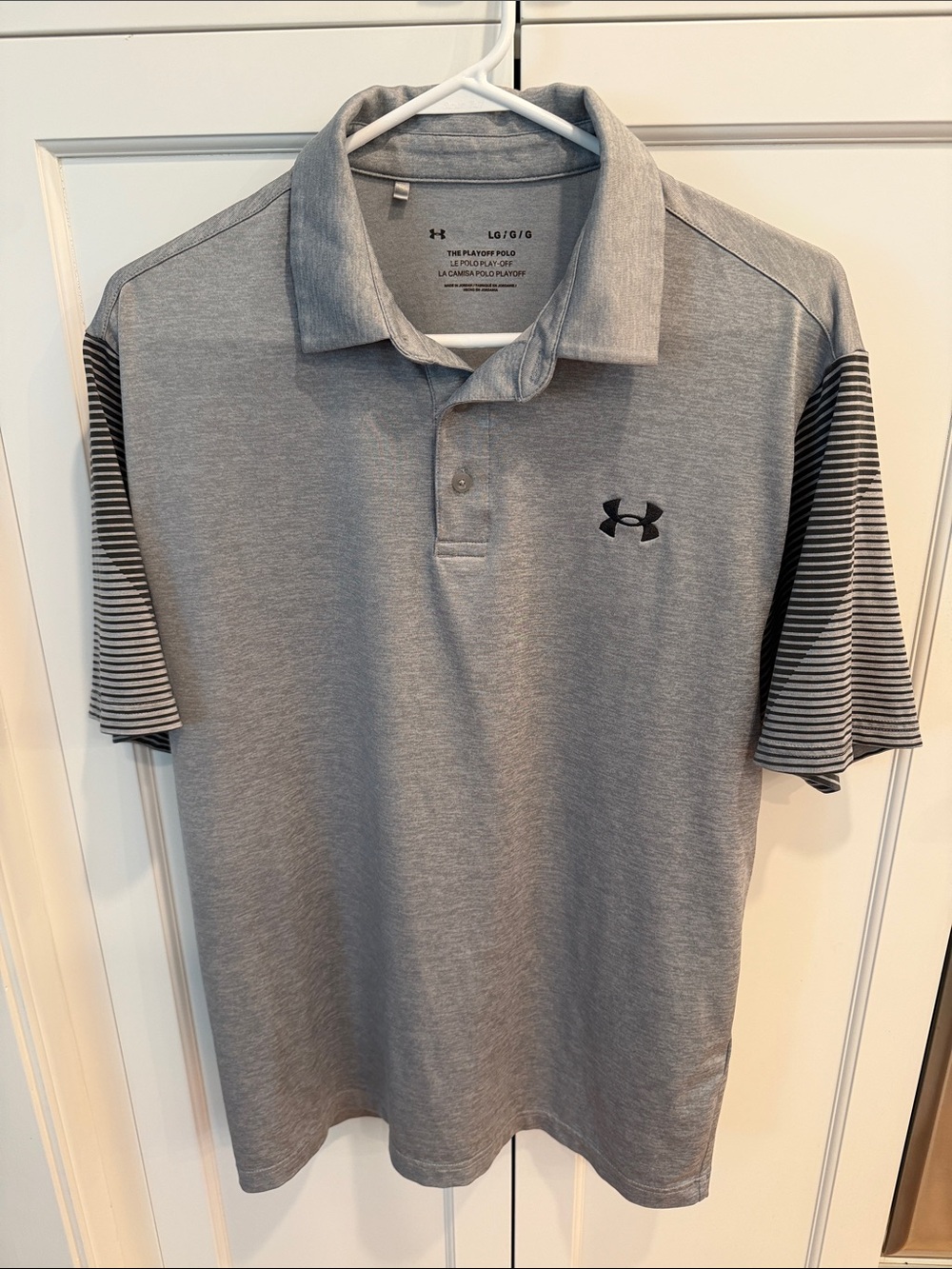 Under Armour Men's Light Gray Polo with Dark Gray Striped Sleeves
